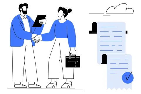 Dos personas se dan la mano mientras un documento con una marca de verificación indica que firmar por orden es legal.