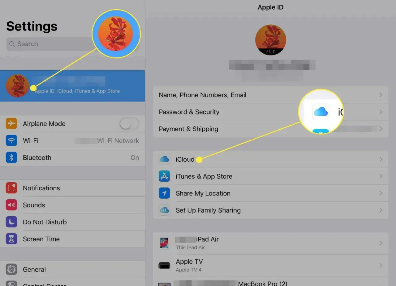 Ajustes de iCloud para sincronizar iPad y iPhone.