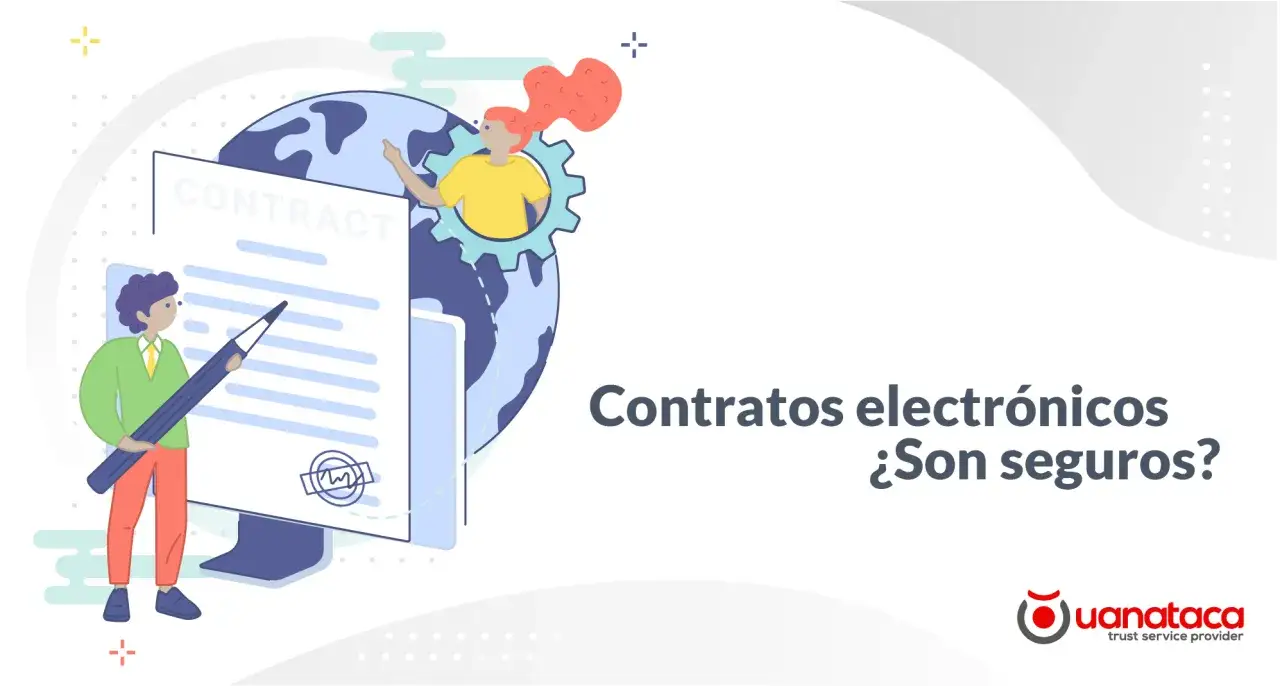 Ilustración de personas interactuando con un contrato digital en una pantalla, con el planeta Tierra de fondo. ¿Son seguros los contratos digitales?