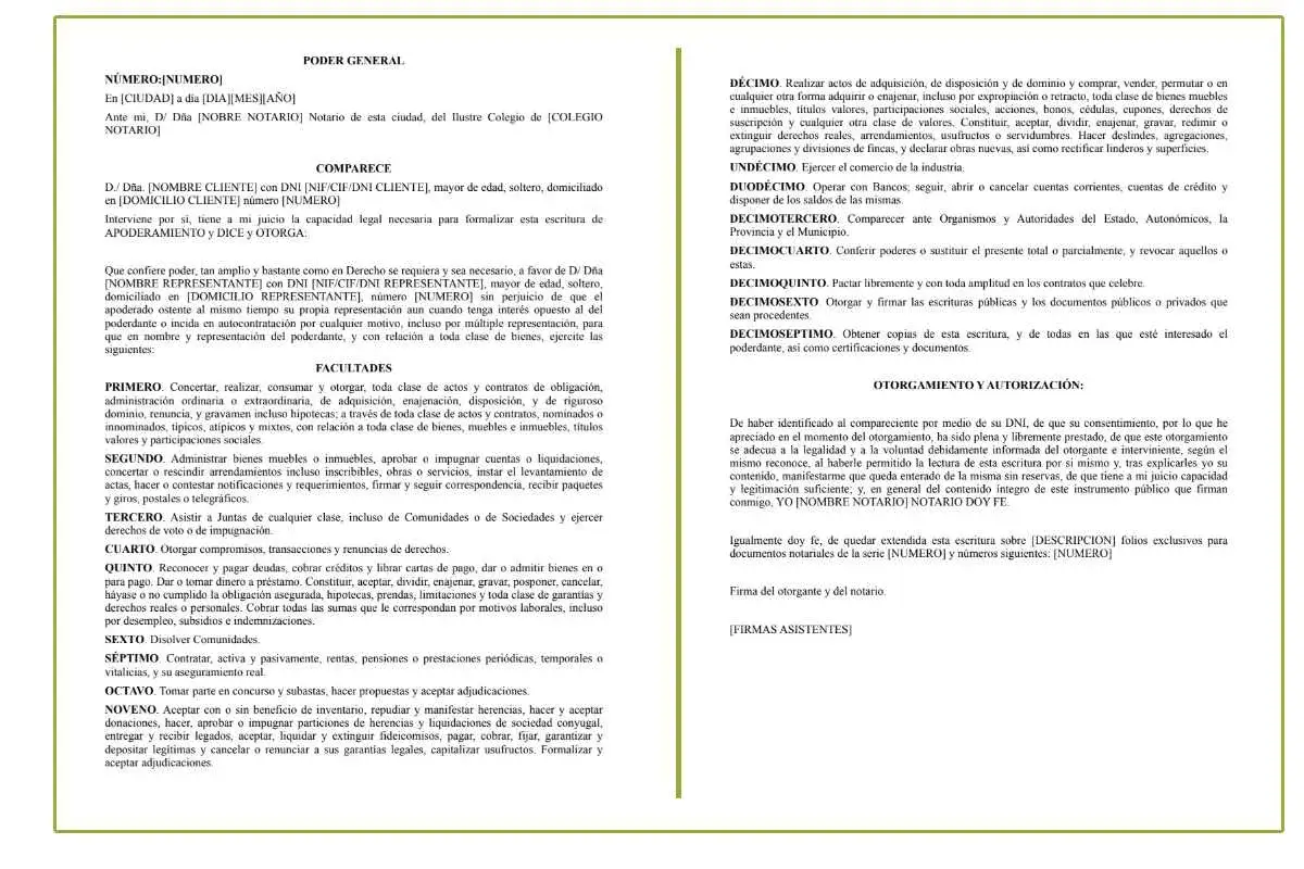 Documento legal con texto en español. Describe poderes generales y facultades, incluyendo